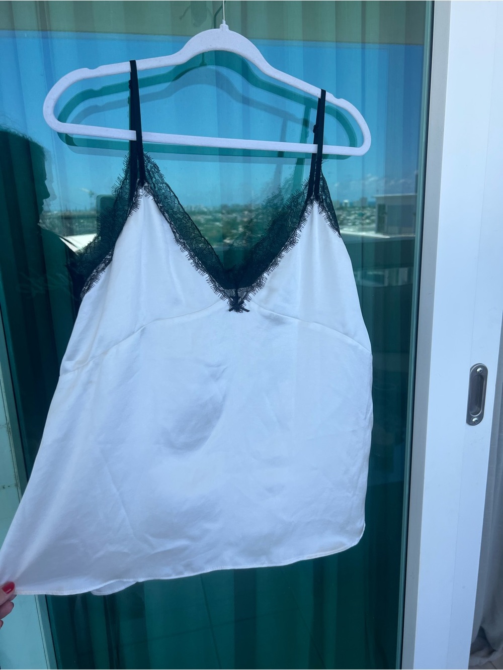 Zara White Satin Camisole with Black Lace Trim
